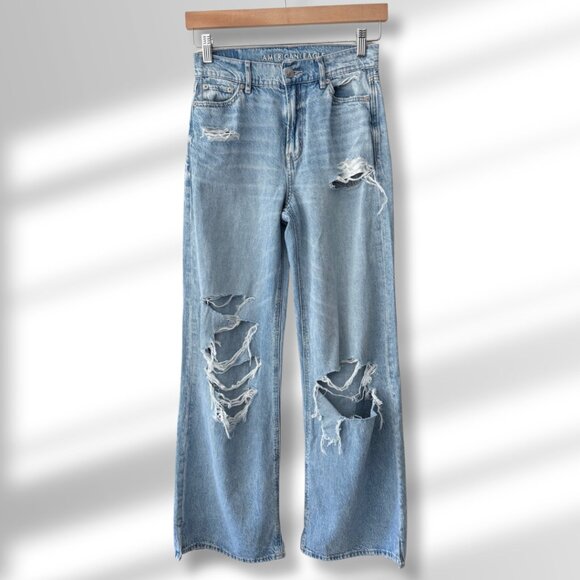 💙 American Eagle Super Soft Destroyed Wide Leg Jeans | US Size 000 Short - Picture 1 of 7